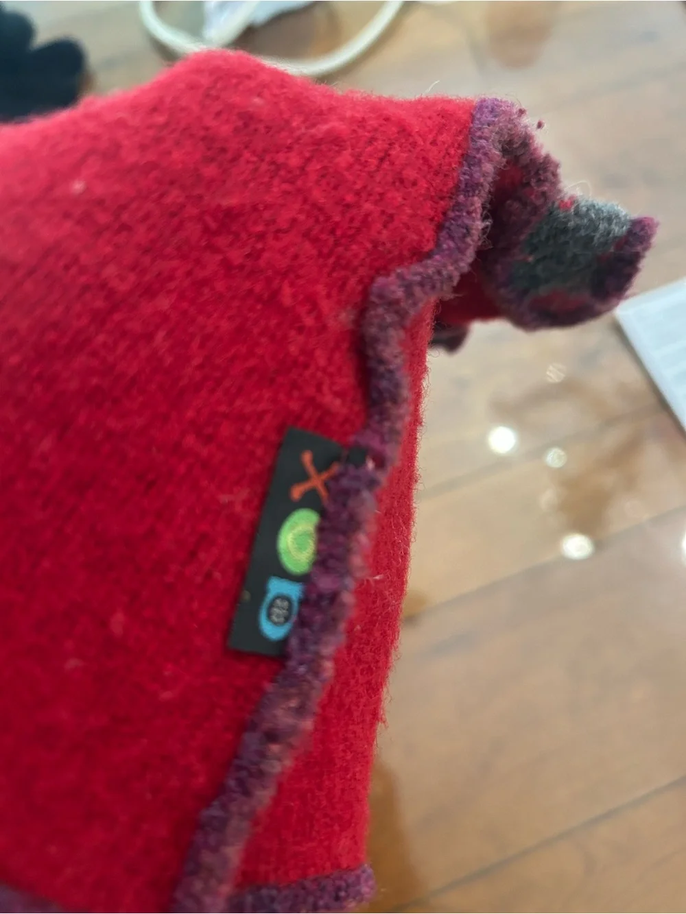 Handmade Red Wool Fingerless Mitts with Patterned Cuff